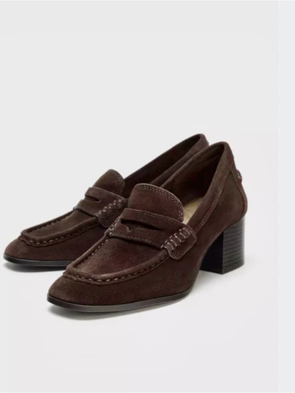 Zara Dark Brown Suede Penny Loafers with Block Heel🤎✨✨✨